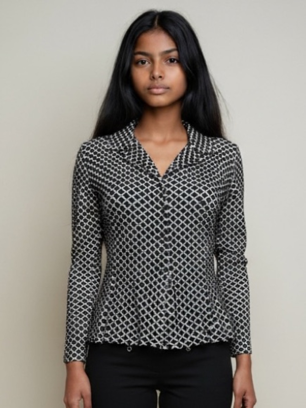 Black and White Long Sleeve Button Snap Front Shirt